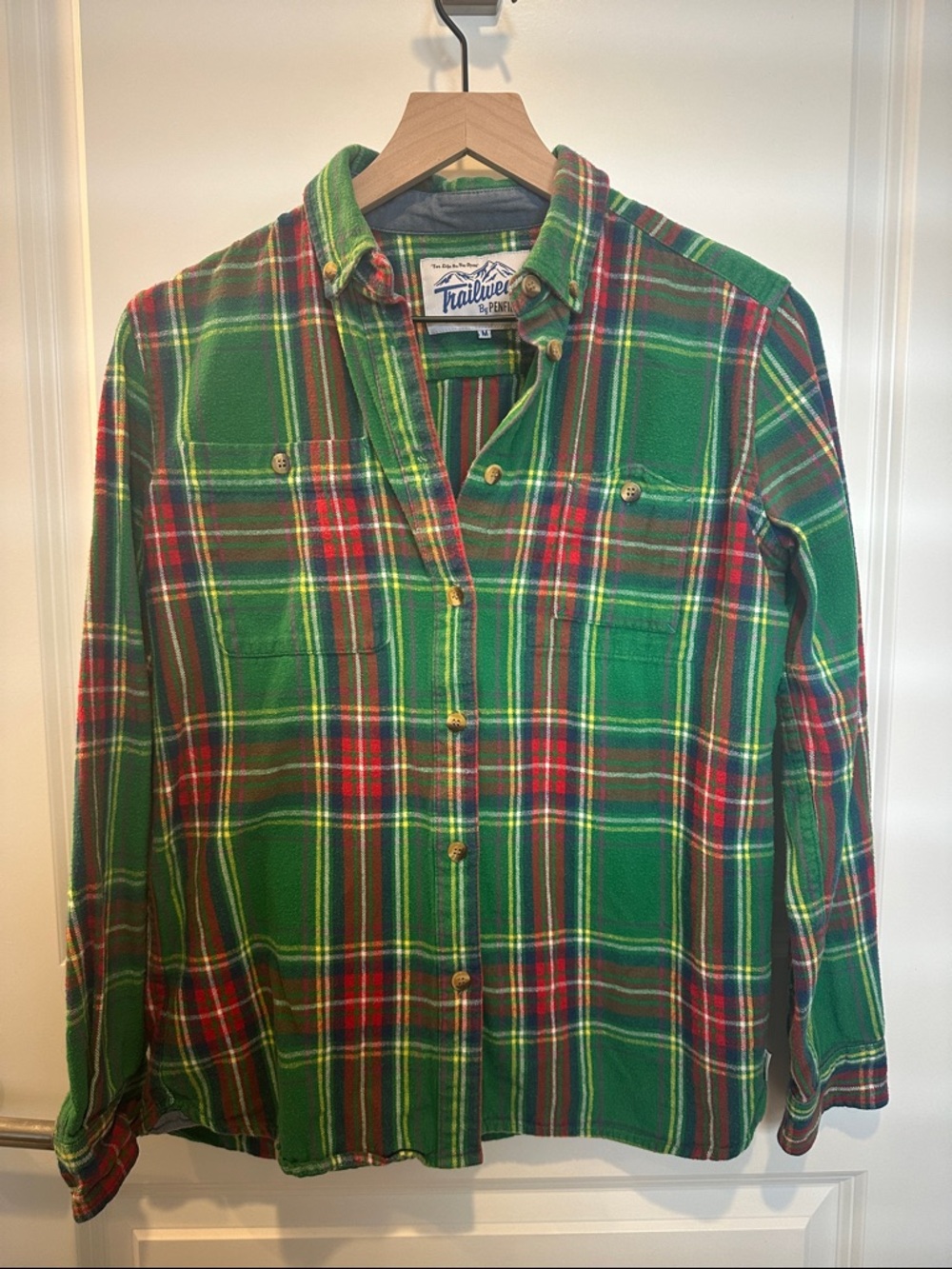 Penfield Green Plaid Button-Down Shirt with Red and Yellow Accents